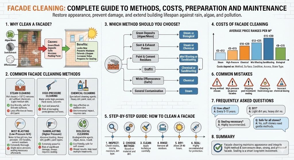 Facade cleaning: complete guide to methods, costs and maintenance